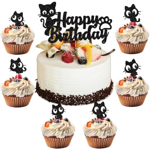 25PCS Cat Cake Toppers Set, Kitten Cupcake Picks, Black Glitter Party Decor | Black glitter cardstock on bamboo sticks; 1 large birthday topper + 24 mini picks for cat-themed cakes and pet parties