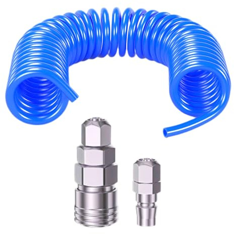 Spiral Druckluftschlauch Lang 9m 5mm ID X 8mm AD, Druckfest und Explosionsgeschützt, Kompressorschlauch Spiralschlauch mit Schnellkupplung für Druckluft-Kompressoren (Blau)