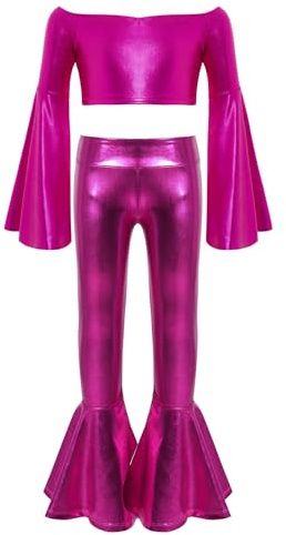 Freebily Traje De Baile Hip Hop Jazz Niña Top Corto Metalizado Mangas Acampanados Y Leggings Largo De Elástico Ropa De Deportivo Rosa Caliente 11-12 años