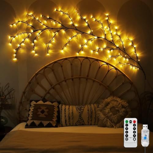 Gresonic 230 cm, 144 LED, 2 piezas de luces de vid de sauce, 8 modos de luz USB para árbol con temporizador de control remoto, ramas de árbol artificial flexibles, decoración de pared interior
