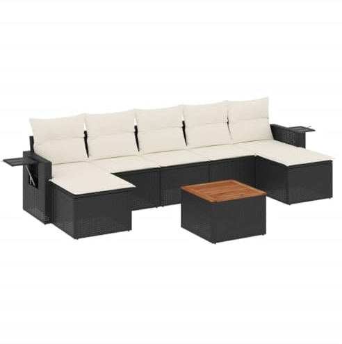 Qnhdfrt Juego de sofás de jardín de polirratán con espacio de almacenamiento, juego de muebles de jardín con mesa de madera de acacia y tapicería, conjunto de asientos para terraza y jardín, color