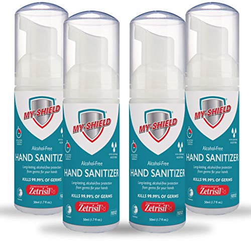 My-Shield Hand Sanitizer Foam 1.7 oz (4 pack). Long-lasting protection. Softens hands with Aloe Vera. Formulated with Zetrisil. Alcohol FREE. FDA Registered