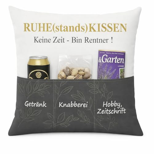 KAMACA Originelles Dekokissen Kissen mit 3 Taschen zum selber Befüllen Größe 43x43 cm tolles Geschenk für EIN gelungenen Sofaabend Filmabend (Ruhestandskissen)