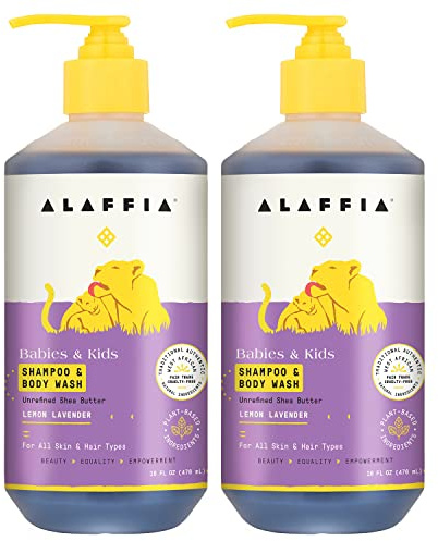 Alaffia Babies and Kids Shampoo and Body Wash, Gentle and Calming Support for Soft Hair and Skin with Shea Butter, Neem, and Coconut Oil, Fair Trade, Lemon Lavender 2 Pack – 16 Fl Oz Ea