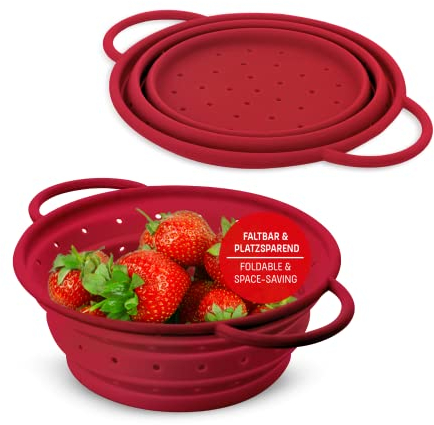 Coolinato – Scolapasta silicone pieghevole 20 cm rosso – Colino per pasta, verdura e frutta - Colapasta per lavastoviglie, senza BPA e termoresistente fino a 230°C - Setaccio salvaspazio richiudibile