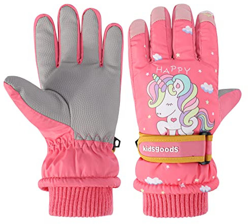 Jupsk Kinder Winter Skihandschuhe Wasserdicht Snowboard Handschuhe Anti-Rutsch Plüsch Gefüttert Warm Handschuhe für Mädchen Jungen 6-10 Jahre alt (Rosa Einhorn)