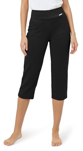 Tapata Pantaloni Donna 3/4 Vita Alta Elastico Tinta Unita Casual Estivi Comodi, Nero, M