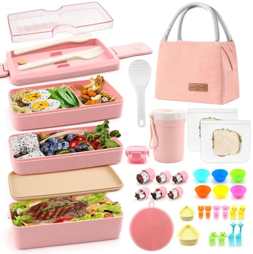 35Pcs Bento Box Japanese Lunch Box Kit Leakproof Bento Lunch Box for Kid Adult Wheat Straw 3 Layer Stackable Lunch Container w Compartment Lunch Bag for Teen Prepy Girl Meal Prep Containers (Pink)