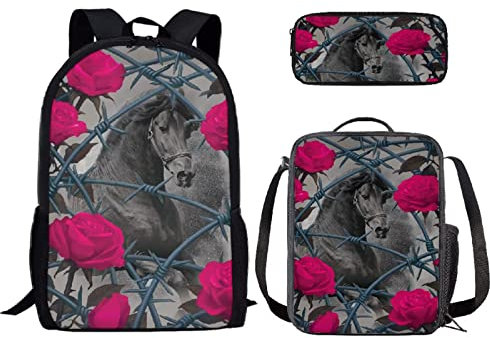 Binienty Jungen Rucksack Kinder Elementary Bookbag Schultasche mit isolierter Lunchbox Tragetasche und Federmäppchen, Pferd 4, Einheitsgröße