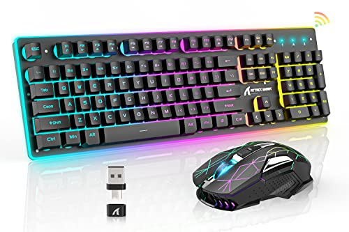 A.jAZZ Wireless Gaming Keyboard and Mouse Combo,Full Size 12 RGB Chroma Backlit Keyboard,Rechargeable 4200mAh Mechanical Feel USB/Type-C Dual Receiver Silent Mice,for PC,Mac,Laptop,PS4,PS5,Xbox,Black