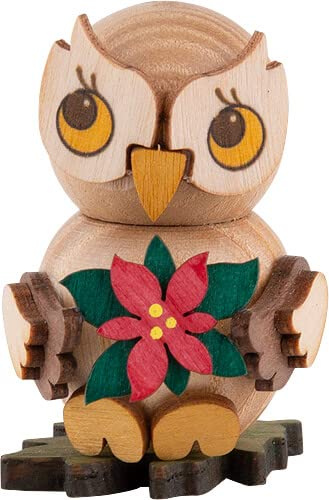 Drechslerei Kuhnert Eulenkind Weihnachtsstern Neuheit 2022 Höhe 4cm Erzgebirgische Volkskunst Eule Holz Weihnachten, Braun Rot Grün, 37415, 4 cm Höhe