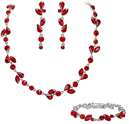 EVER FAITH Set di gioielli in cristalli per la sposa, splendido set di orecchini bracciale con strass Foglia Collana Marquise Rotondad per le donne Rosso Argento-fondo