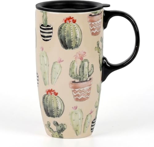 DUSVALLY 500ml Ceramic Travel Mug with Lid, Watercolour Cactus Coffee Mug, Botanical Plant Lover Gift, Microwave & Dishwasher Safe