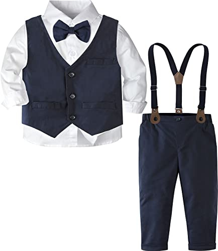 mintgreen Junge Kleidung Formal Hochzeit Anzug Gentleman Weste Outfit Taufe Hosenträger Fliege Satz, Marine, 3-4 Jahre, 110