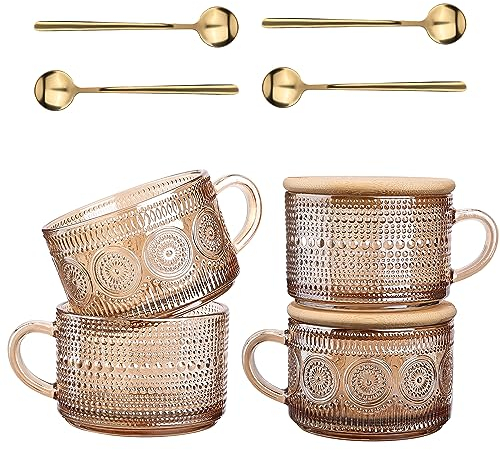 Vintage Glass Coffee Mugs Set of 4,Clear Embossed Glass Tea Cups with Bamboo Lids and Spoons, Cute Coffee Bar Accessories, for Cappuccino, Latte, Overnight Oats , Cereal ,Yogurt,Gift(Amber)