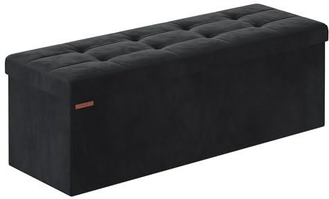 SONGMICS Puff Almacenaje, Baúl de Almacenaje Plegable, 38 x 110 x 38 cm, Taburete Reposapiés, Banco de Cubo, Soporta hasta 300 kg, para Sala de Estar, Dormitorio, Entrada, Negro Tinta LSF277B01