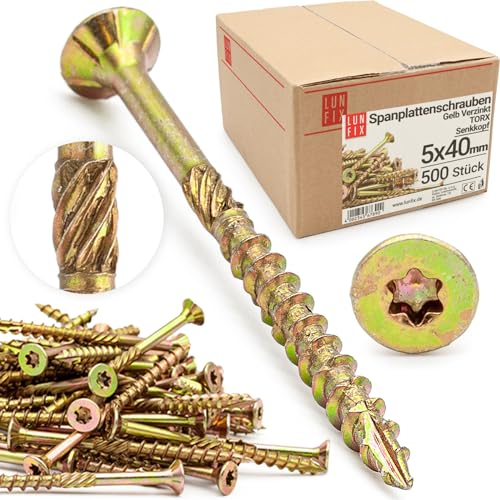 Lun Fix Viti per truciolato 5,0 x 40 mm, 500 pezzi, TX25 (stella I), nervature per fresatura a testa svasata | zincate giallo | viti Torx, viti per legno, viti universali, viti a testa svasata