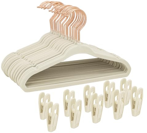 Tonswachic Kids Velvet Hangers 30 Pack, 14 Inch Non-Slip Felt Kid Hanger for Toddler/Youth/Teen, Slim Space Saving Child Hanger for Baby Closet, Heavy Duty Children's Hangers with 10 Clips - Beige