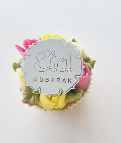 6 Eid Mubarak Cupcake Discs, Toppers, Gold, Silver, Cake Toppers, Decorations, Gift Tags, Hamper Tags, Gift Wrapping, Charms, Presents. (Silver)