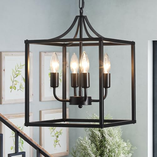 Qcyuui Laternen Kronleuchter 4-flammig, Schwarz, höhenverstellbar | 30 cm Metall-Pendelleuchte mit 120 cm Kette und E14-Fassungen für Esszimmer, Kücheninsel, Flur und Foyer