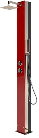 POOL Total IDEAL Solardusche SABA mit roter Glasfront Edelstahl V2A poliert | Aluminium Wassertank 25 l | Kopf und Handduschfunktion | Unterseitiger Anschluss für Gardena- oder Flexschlauch 1,5 Zoll