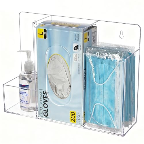 KOEMEHR Handschuhspender aus Acryl Transparent, Halterung für Einweghandschuhe und Maskenspender, 3 Fächer Wandhalter für Handschuh, Masken und Händedesinfektionsmittel, ideal für Krankenhaus, Labor