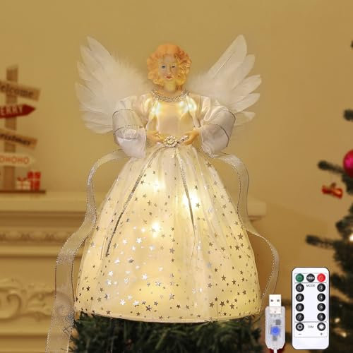 Lewondr Árbol de Navidad Ornamento Ángel, Árbol de Navidad Ángel con 8 Modos, Mando a Distancia y USB Operado Ángel Árbol con Alas, Temporizador 6H Decoración del Árbol de Navidad, Plateado