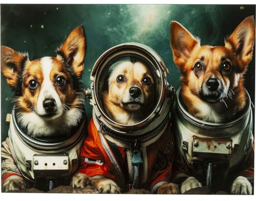 Kare Quadro da parete di design Astronauts Dogs rettangolare, vetro di sicurezza monolastra da 4 mm, design animale, cane, arte da parete, immagine, camera da letto, vetro, polipropilene, 80 x 60 cm