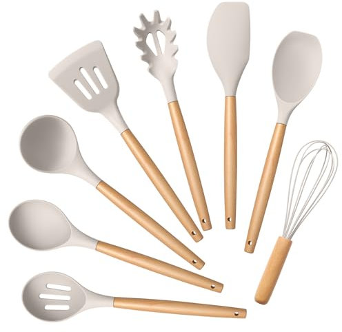 Onader Kitchen Utensils Set, 8Pcs Silicone Cooking Utensil Set with Wooden Handle, Heat Proof Kitchen Tools Spatula Safe for Non-Stick Cookware, Sturdy, Healthy & Easy Clean - Khaki