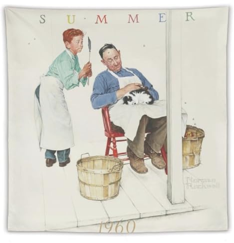 JU XIANG Norman Rockwell Tapestry，BOY AND SHOPKEEPER THE FLY SWATTER Wall Art Prints Tapestry Gifts Photo Picture Painting Tapestries Room Decor Home Decorative 60x60