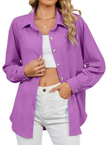 TMEOG Camicia Donna Manica Lunga Camicette Elegante Blusa con Bottoni Camicia Scollo a V Giacca Camicia Lunga a Tinta Unita Camicia Ampia per Donna(Viola,XL)
