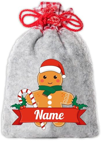Lindo saquito de Papá Noel/Navidad personalizado con nombre y diseño de pan de jengibre para niños, tamaño 30 x 40 cm