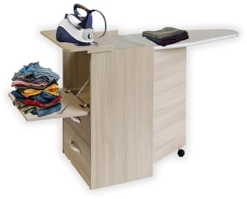 MOHOME Asse da Stiro Mobile A Scomparsa Già Montato Legno Nobilitato Olmo Multiuso Salvaspazio 3 Cassetti Dimensioni 89 x 44 x 57 cm Rotelle Trasportabili Colore Mollettone Assortito