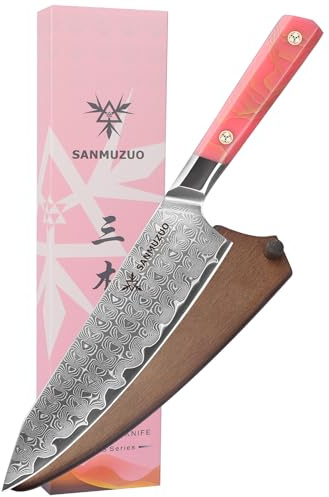 SANMUZUO Cuchillo de chef de 20 cm, cuchillo de cocina profesional, acero de Damasco ultraafilado con mango de resina de espiga completa, serie Sheng