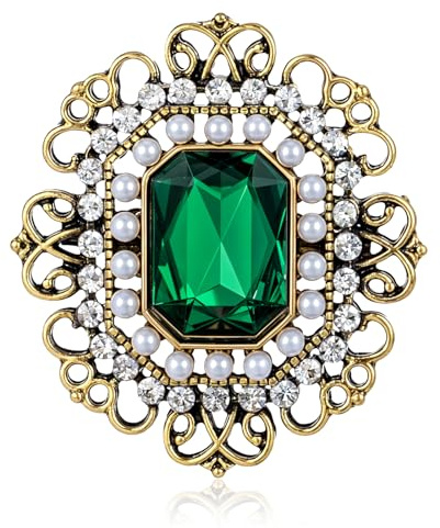 Green Brooch Pin, Vintage Green Rhinestone Brooch with Pearl, Baroque Crystal Brooches and Pins for Women Clothes Suit Dress Hats Bags Accessory