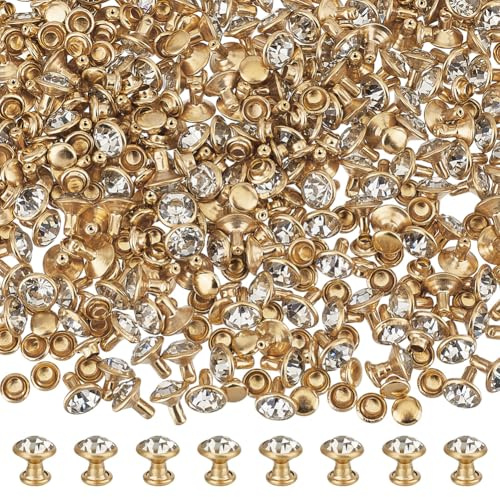 FINGERINSPIRE 200 Sets Clear Rhinestone Rivets 8mm Golden Crystal Rivets Metal Double Cap Rhinestone Stud Rivets Semi Tubular Rivet for Leather DIY Crafts Clothes Jeans Arts Decoration