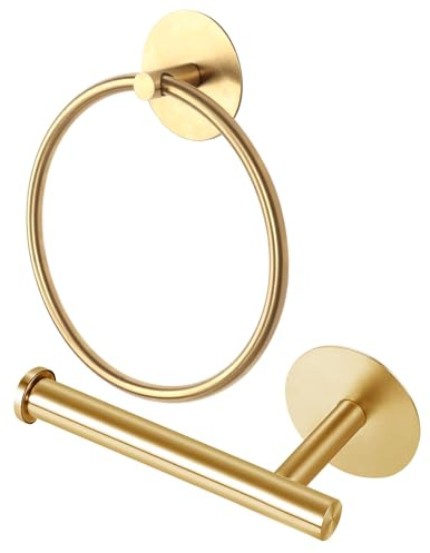 Toilet Roll Holder and Towel Ring Set of 2, Stainless Steel Bathroom Accessories Set No Drill Adhesive Toilet Paper Holder and Hand Towel Holder for Bathroom (Gold)