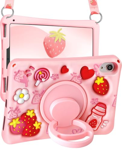 Kokaade for iPad Mini 7 A17 Pro Case - with Shoulder Strap & Rotating Stand Soft Silicone Cute Cartoon for iPad Mini 7th/6th Generation Kawaii for Women Girls Girly Kid Teens Cover, Strawberry