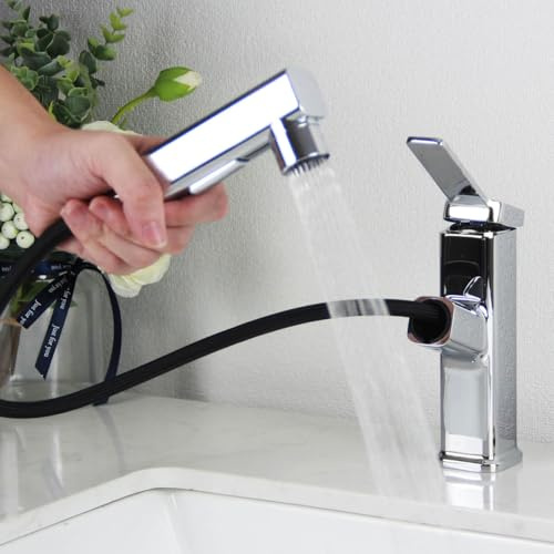 Wasserhahn Bad Ausziehbar, Hochdruck Waschtischarmatur mit Herausziehbarer Brause, SEMANEY Armatur Badezimmer mit 3 Strahlarten, Einhebelmischer Mischbatterie Waschbecken, Chrom