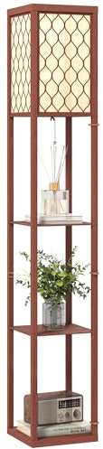 HOMCOM Floor Lamp with Shelves Tall Standing Lamp Single Light Brown | Modern, Fabric Lampshade, Chain Switch, for Living Room Bedroom, Bulb not Included