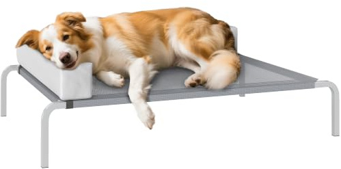 PawHut Hundeliege Outdoor Erhöhtes Hundebett Camping 110x75x30cm Hellgrau | Für Mittelgroße Hunde, Kühlendes Haustierliege, L-förmige Kissen, Stahlrahmen, Rutschfesten Füßen, Haustierbett