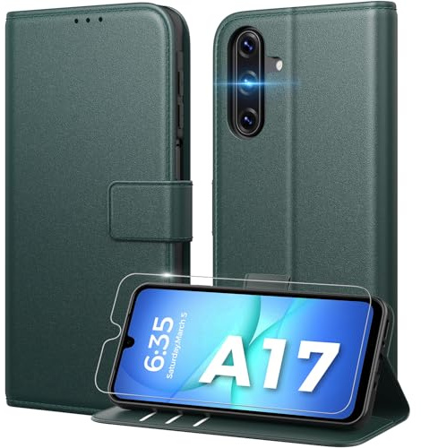Peakally Handyhülle für Samsung Galaxy A17 5G Hülle [Mit 1 Stück Panzer Schutz Glas] [Premium PU Leder] [RFID-Blockierung] [Kartenfach] Klapphülle kompatibel mit Galaxy A17 5G / 4G - Grün