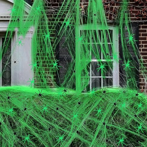 Halloween Decoration Exterieur, 200g Toile D'araignée Fluorescente avec 40 Fausses Araignées et 40 Araignées Fluorescentes pour Decoration Halloween