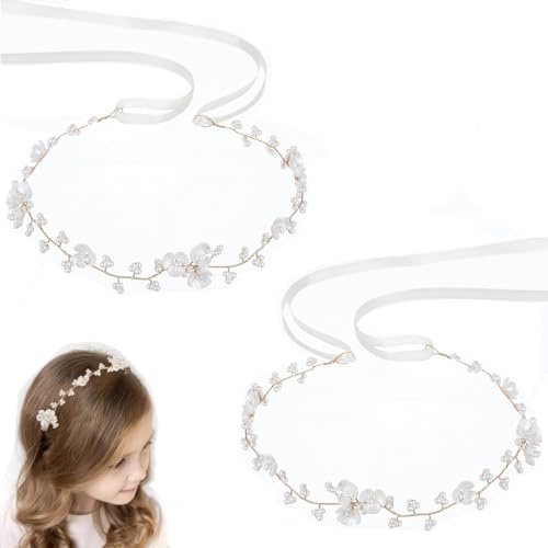 Blume Haarschmuck Mädchen,2 Stück Blumenmädchen Haarschmuck Weiß Perle Haarreife Kopfbedeckung Kommunion Prinzessin Blumenkranz Haare Kinder Haarreifen Blumenmädchen für Mädchen