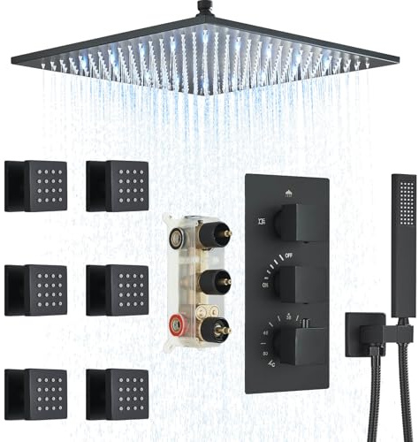 8 Inch Rainfall Shower Faucet with 6 Full Body Shower Jet Fixtures Combo Shower System Set with Rain Mixer Shower Head and Handheld Showerhead Ceiling Mounted LED Shower System，Matte Black