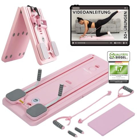 Pilatexx Pro – vikbar pilates-reformer och hemtränare – över 50 övningar med videoinstruktioner – inklusive timer, motståndsband, handtag och knäskydd – helkroppsträning (rosa)