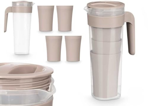 Brocca in plastica con 4 bicchieri, set per bevande, picnic, acqua, succo (beige, 1,4 l - 10 x 14,5 x 25 cm)