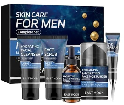 Gesichtspflege Set Männer 5-Teilig, Anti-Aging & Feuchtigkeitsspendendes Herren Kosmetik Set, Komplette Pflegeroutine mit Waschgel, Peeling, Feuchtigkeitscreme, Augenpflege & Serum
