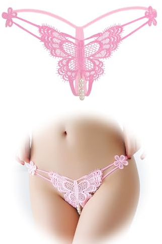 FULLJOYLOVE Women's Sexy Lace Knickers Open Crotch Erotic Panties Butterfly Underwear with Pearl Lace Thong See Through Brazilian Briefs for Ladies Cheeky Hipster Pink M