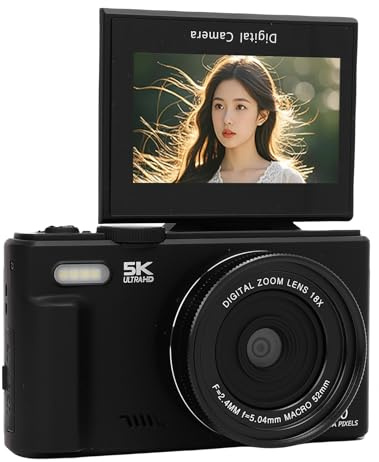 Tbest Fotocamera Digitale 5K 75MP WiFi 18X Zoom Selfie Fotocamera da Viaggio con Schermo Ribaltabile da 3 Pollici a 180 Gradi Scheda di Memoria da 32 GB Obiettivo Grandangolare Macro (Black)